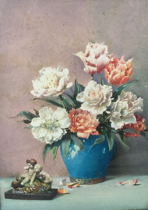 noel harry leaver watercolour peonies in a bowl - CATEGORY: ANTIQUE ART - DATED 1930