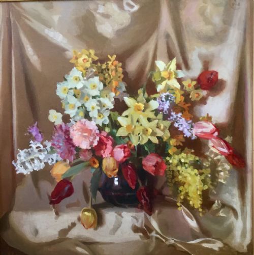 theresa norah copnall oil painting spring flowers in a bowl - CATEGORY: ANTIQUE ART - DATED 1930