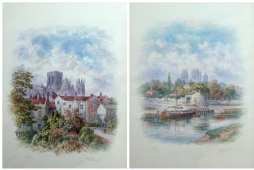pair george fall watercolours grays courtand minster york and marygate towerminster york - CATEGORY: ANTIQUE ART - DATED 1890