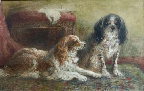 harrison william weir watercolour two king charles spaniels - CATEGORY: ANTIQUE ART - DATED 1880