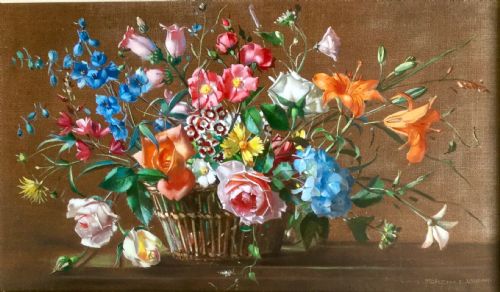 terence loudon oil painting basket of summer flowers - CATEGORY: ANTIQUE ART - DATED 1940