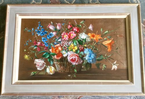 TERENCE LOUDON OIL PAINTING BASKET OF SUMMER FLOWERS - ADDITIONAL PHOTO 1