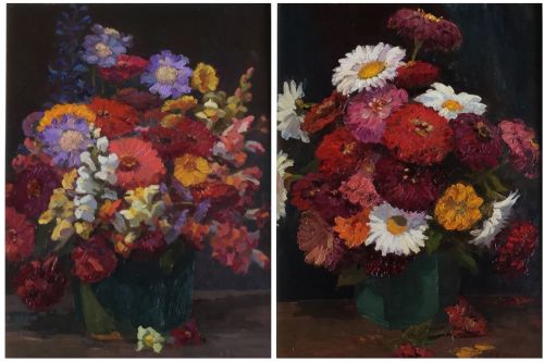 john edward mace pair oil paintings cottage garden bouquet and companion - CATEGORY: ANTIQUE ART - DATED 1920
