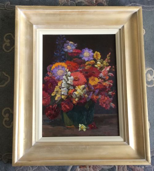 JOHN EDWARD MACE PAIR OIL PAINTINGS COTTAGE GARDEN BOUQUET AND COMPANION - ADDITIONAL PHOTO 1