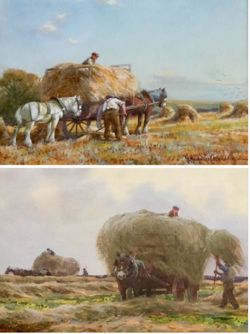 george hamilton constantine pair watercolours harvesting time bellhagg the end of the day fulwood - CATEGORY: ANTIQUE ART - DATED 1920