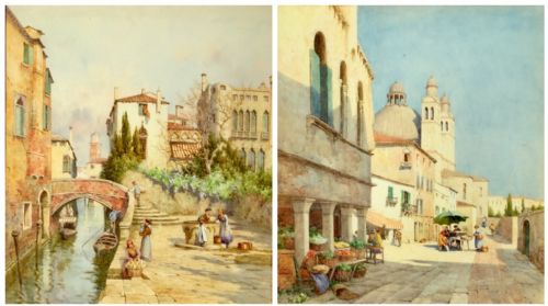 mary hagarty pair watercolours venetian canal scene venetian street scene - CATEGORY: ANTIQUE ART - DATED 1910