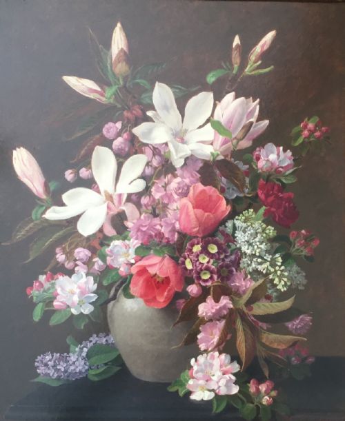 john e nicholls oil spring flowers in a jug to include magnoliaslilacscherry blossom and tulips - CATEGORY: ANTIQUE ART - DATED 1950