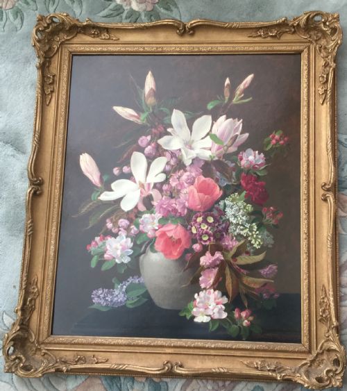 JOHN E NICHOLLS OIL SPRING FLOWERS IN A JUG TO INCLUDE MAGNOLIASLILACSCHERRY BLOSSOM AND TULIPS - ADDITIONAL PHOTO 1