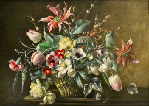 terence loudon oil painting flower arrangement in a wicker basket - CATEGORY: ANTIQUE ART - DATED 1940