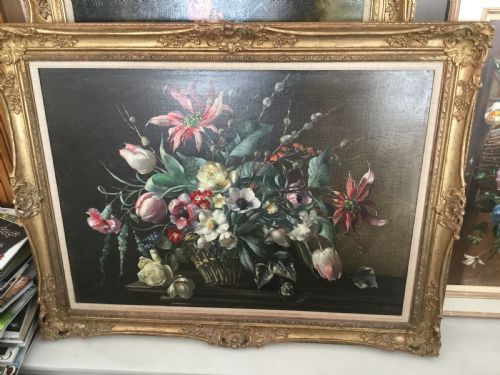 TERENCE LOUDON OIL PAINTING FLOWER ARRANGEMENT IN A WICKER BASKET - ADDITIONAL PHOTO 1