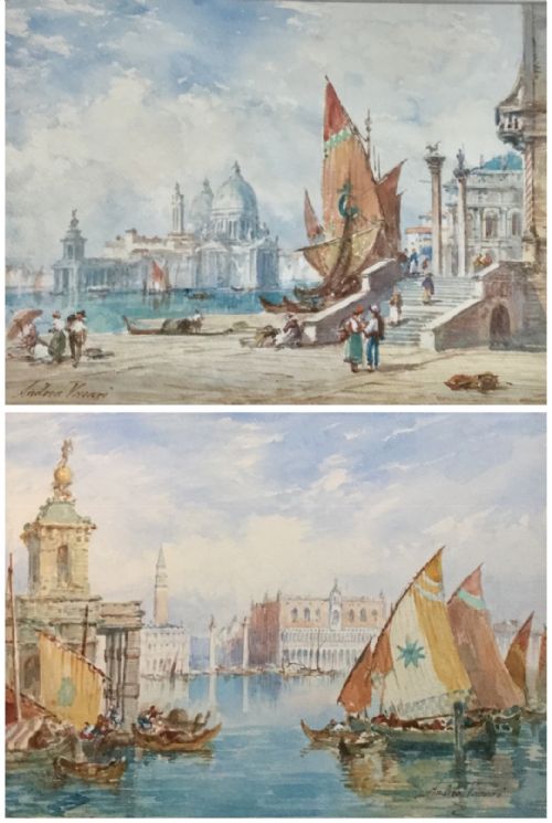 andrea vasari pair watercolours of venice scenes the dogana and riva della schiavoni - CATEGORY: ANTIQUE ART - DATED 1920