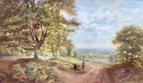 bonomi edward warren watercolour children collecting firewood in an extensive wooded landscape - CATEGORY: ANTIQUE ART - DATED 1870