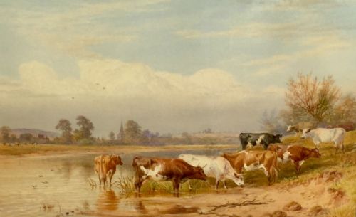 james walsham baldock watercolour river scene in summertime with cattle watering - CATEGORY: ANTIQUE ART - DATED 19TH CENTURY