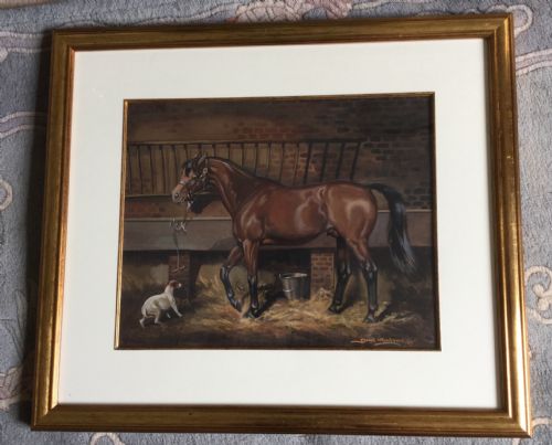 JOSEPH APPLEYARD WATERCOLOUR THOROUGHBRED HORSE IN STABLE STARTLED BY A TERRIER - ADDITIONAL PHOTO 1