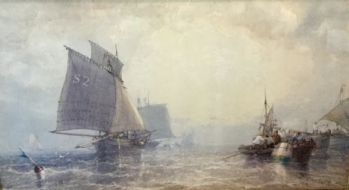 william roxby beverly watercolour fishing boats going before the windearly morning - CATEGORY: ANTIQUE ART - DATED 1880