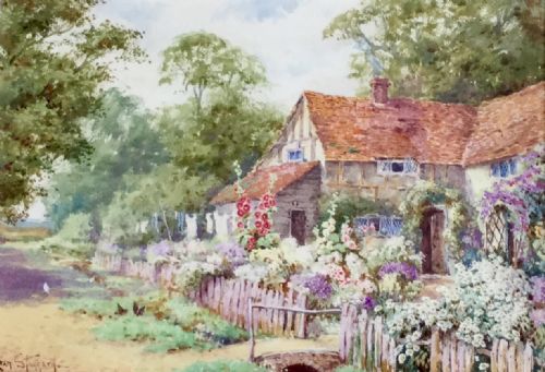 lilian stannard watercolour the cottage garden - CATEGORY: ANTIQUE ART - DATED 1920