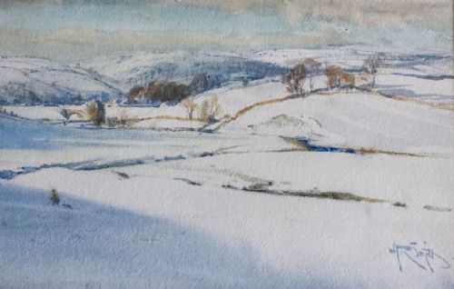arhur reginald smith watercolour snowy winter landscape in the yorkshire dales with a farmer and his dog in the foreground - CATEGORY: ANTIQUE ART - DATED 1920