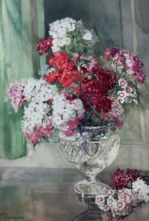 amy reevefowkes watercolour sweet williams in a cut glass vase - CATEGORY: ANTIQUE ART - DATED 1930