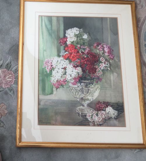 AMY REEVEFOWKES WATERCOLOUR SWEET WILLIAMS IN A CUT GLASS VASE - ADDITIONAL PHOTO 1