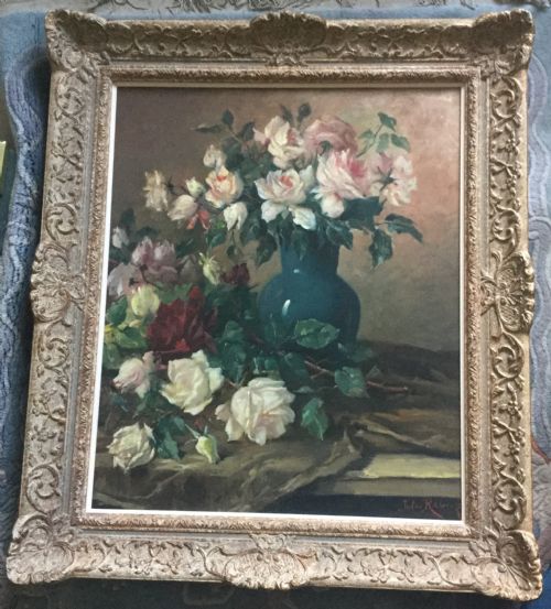 JULES FELIX RAGOT OIL PAINTING STILL LIFE OF ROSES IN A VASE AND ON A DRAPED CLOTH - ADDITIONAL PHOTO 1