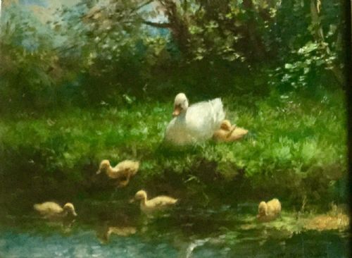 David Adolph Constant Artz  Oil Painting ‘A Duck and Her Ducklings by a Stream’