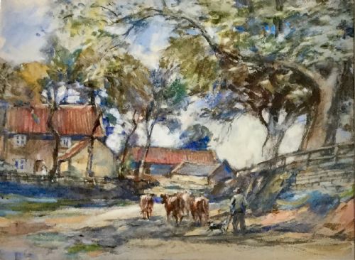 rowland henry hill watercolour a farmer and his dog herding cattle - CATEGORY: ANTIQUE ART - DATED 1910