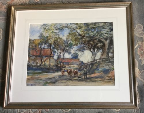 ROWLAND HENRY HILL WATERCOLOUR A FARMER AND HIS DOG HERDING CATTLE - ADDITIONAL PHOTO 1