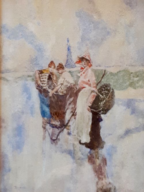 david woodlock watercolour the mussel gatherers with new brighton tower in the background - CATEGORY: ANTIQUE ART - DATED 1900