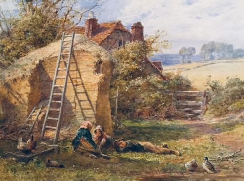 william stephen coleman watercolour children resting by a rick - CATEGORY: ANTIQUE ART - DATED 19TH CENTURY
