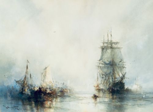 frank wasley watercolour shipping scene - CATEGORY: ANTIQUE ART - DATED 1910