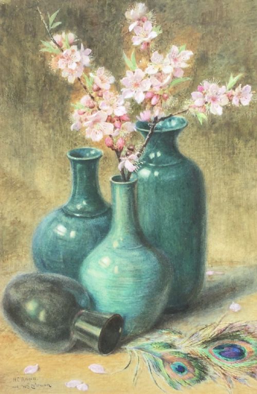 HELEN CORDELIA ANGELL AND WILIAM STEPHEN COLEMAN WATERCOLOUR STILL LIFE WITH APPLE BLOSSOMS IN A VASE