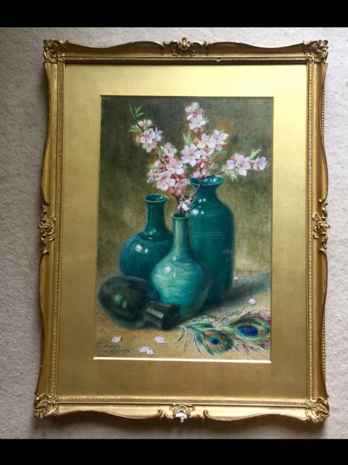 HELEN CORDELIA ANGELL AND WILIAM STEPHEN COLEMAN WATERCOLOUR STILL LIFE WITH APPLE BLOSSOMS IN A VASE - ADDITIONAL PHOTO 1
