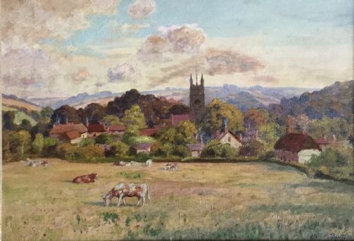 Cecil M. Round Oil Painting ‘Village Landscape with Cattle in Foreground’