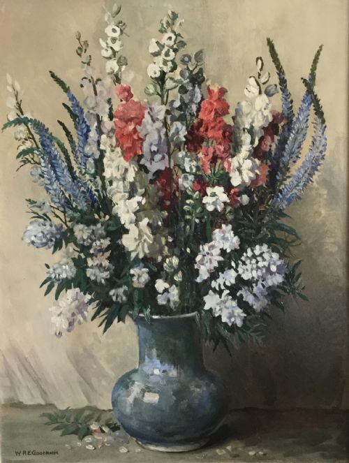 wre goodrich oil painting still life of summer flowers in a blue vase - CATEGORY: ANTIQUE ART - DATED 1930