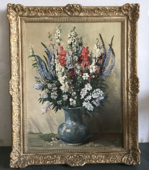 WRE GOODRICH OIL PAINTING STILL LIFE OF SUMMER FLOWERS IN A BLUE VASE - ADDITIONAL PHOTO 1