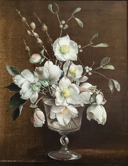 terence loudon oil painting christmas roses - CATEGORY: ANTIQUE ART - DATED 1940