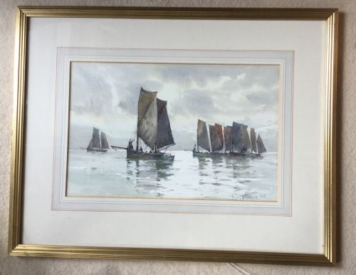 HARRY WANLESS WATERCOLOUR FISHING BOATS UNDER A CLOUDY SKY - ADDITIONAL PHOTO 1