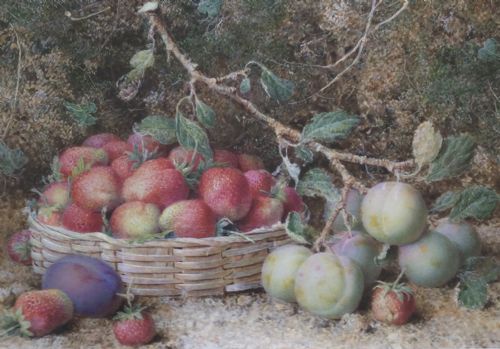 WILLIAM BHOUGH WATERCOLOUR STILL LIFE OF STRAWBERRIES AND PLUMS