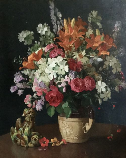 herbert davis richter oil painting floral revel - CATEGORY: ANTIQUE ART - DATED 1930
