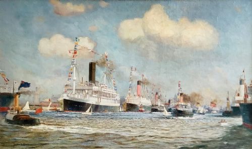 JAMES SCRIMGEOUR MANN OIL PAINTING FLOTILLA INCLUDING WHITE STAR LINE ON THE RIVER MERSEY LIVERPOOL