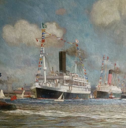 JAMES SCRIMGEOUR MANN OIL PAINTING FLOTILLA INCLUDING WHITE STAR LINE ON THE RIVER MERSEY LIVERPOOL - ADDITIONAL PHOTO 2