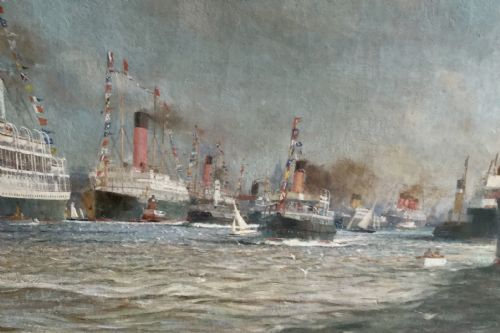 JAMES SCRIMGEOUR MANN OIL PAINTING FLOTILLA INCLUDING WHITE STAR LINE ON THE RIVER MERSEY LIVERPOOL - ADDITIONAL PHOTO 3