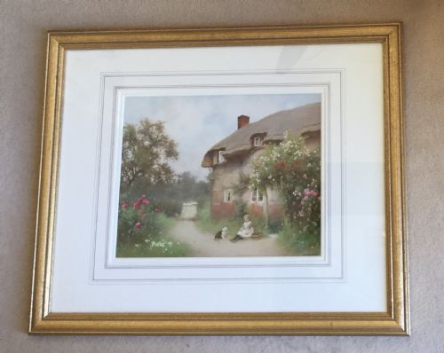 BENJAMIN DSIGMUND WATERCOLOUR SITTING NEXT TO THE CAT IN FRONT OF THE COTTAGE - ADDITIONAL PHOTO 1