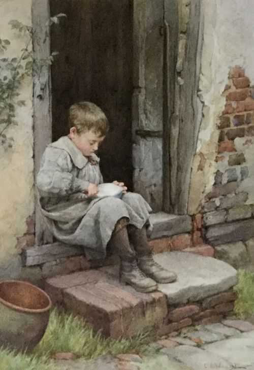 CHARLES EDWARD WILSON WATERCOLOUR EATING BREAKFAST ON THE DOORSTEP