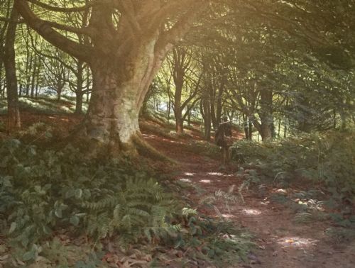 BONOMI EDWARD WARREN WATERCOLOUR WOODLAND PATH WITH GAMEKEEPER AND DOG - ADDITIONAL PHOTO 2