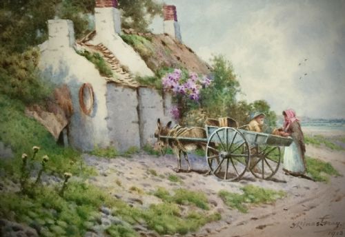 john abernethy lynas gray watercolour donkey cart outside thatched seaside cottage - CATEGORY: ANTIQUE ART - DATED 1910