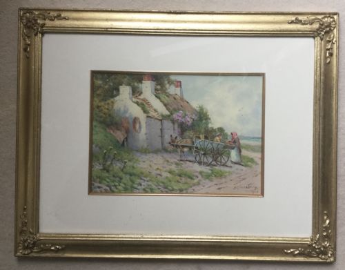 JOHN ABERNETHY LYNAS GRAY WATERCOLOUR DONKEY CART OUTSIDE THATCHED SEASIDE COTTAGE - ADDITIONAL PHOTO 1