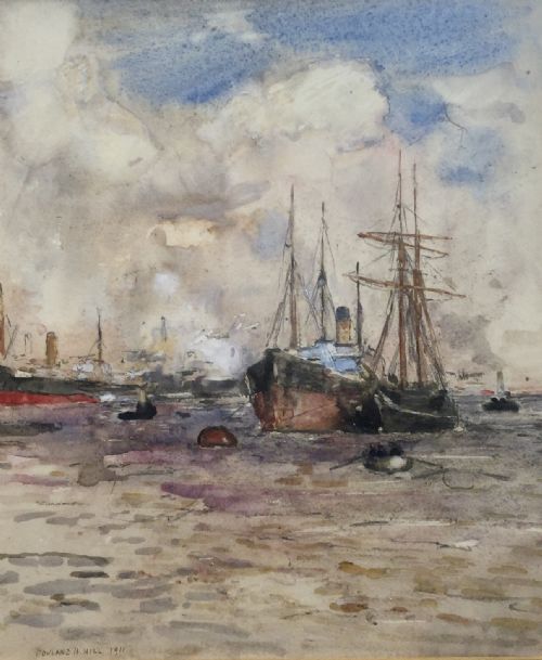rowland henry hill watercolour ships moored off the coast - CATEGORY: ANTIQUE ART - DATED EDWARDIAN