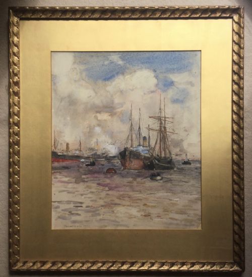 ROWLAND HENRY HILL WATERCOLOUR SHIPS MOORED OFF THE COAST - ADDITIONAL PHOTO 1