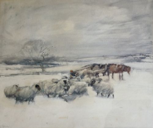 david thomas robertson watercolour farmer feeding sheep in the snow - CATEGORY: ANTIQUE ART - DATED 1910